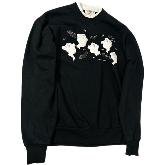 Hallmark Vintage Halloween Sweatshirt Ghosts Bats Black Size Large Made USA - Picture 2 of 13
